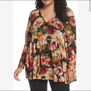 Sejour Long Sleeve Floral Mesh Babydoll Blouse